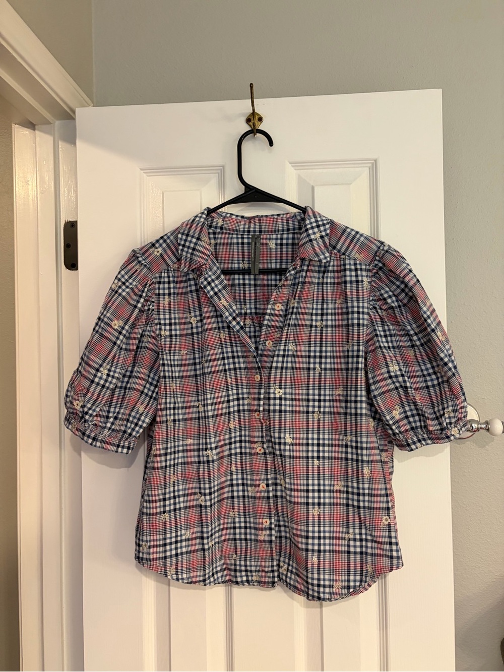 By Anthropologie Plaid Embroidered Puff Sleeve Top M Blue Red Floral